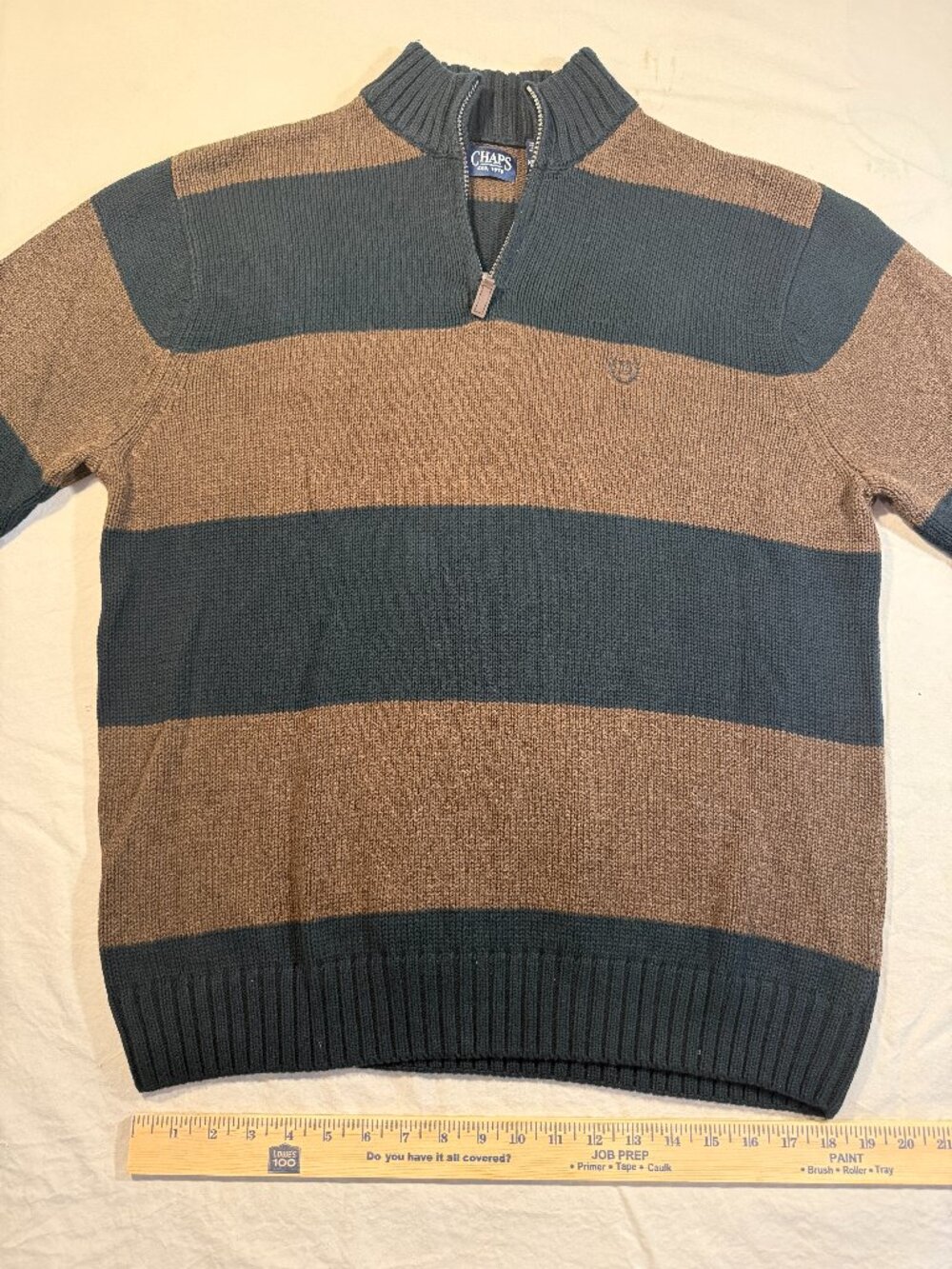 CHAPS Mens XL Brown Green Striped 1/4 Zip Cotton Sweater Mock Neck Holiday Gift